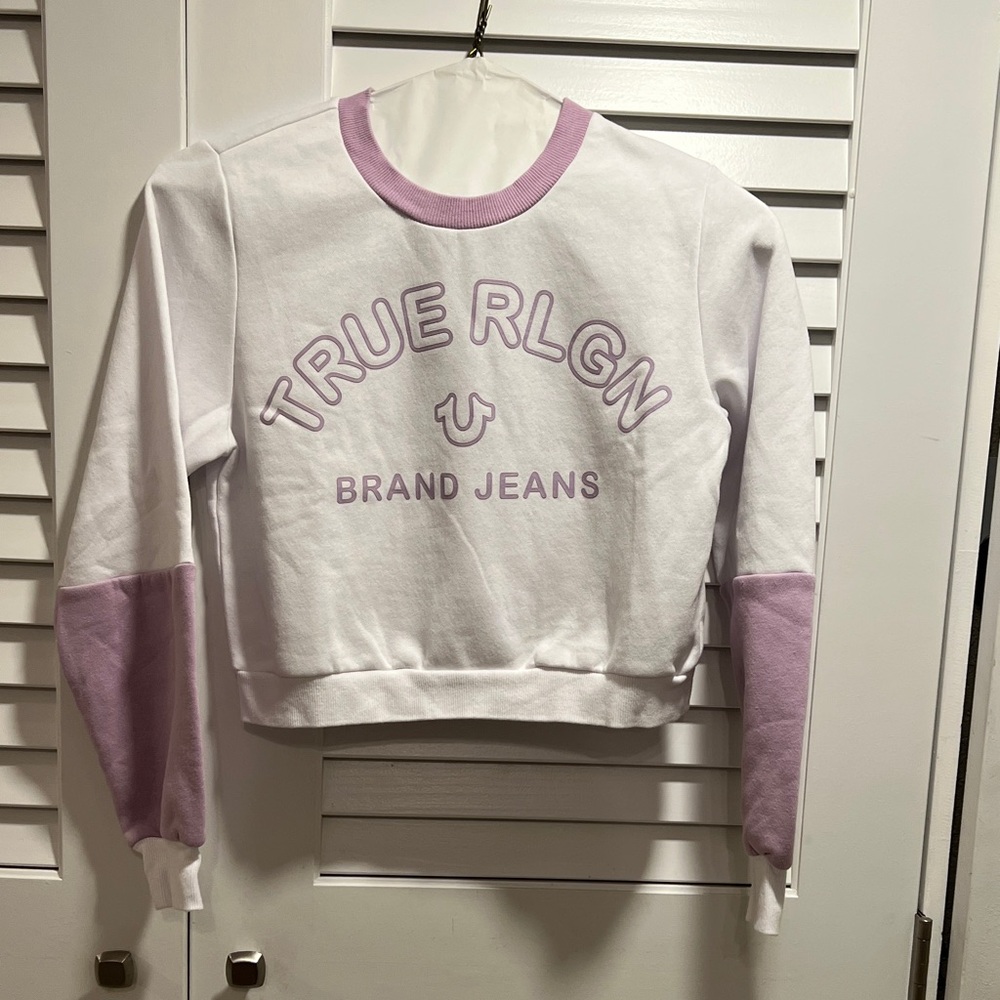 True Religion White and Lavender Crewneck